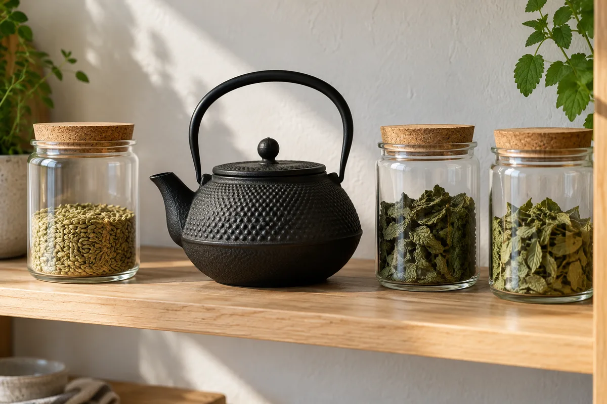 Théière en fonte et bocaux de plantes séchées, fenouil, menthe et mélisse, sur une étagère en bois