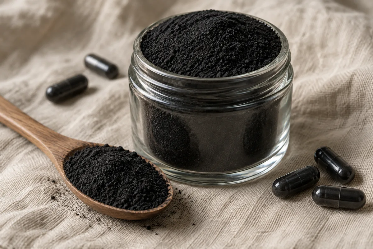 Pot en verre rempli de poudre de charbon noire mate et cuillère en bois chargée de poudre