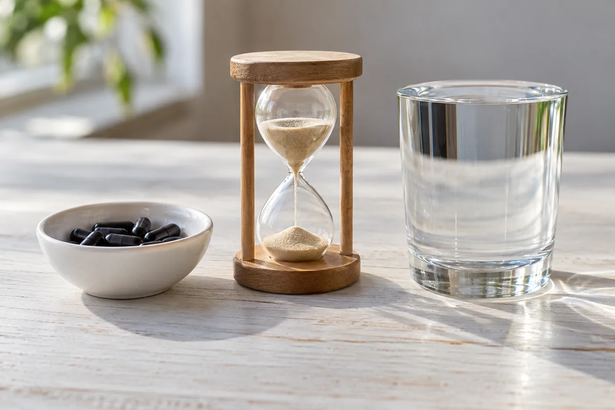 Coupelle de gélules noires et verre d’eau séparés par un sablier en verre et bois