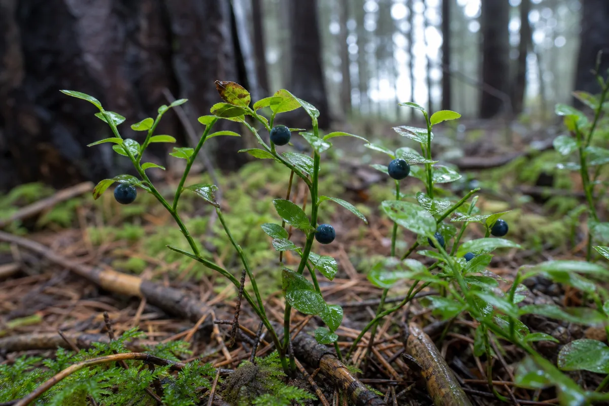 Buisson bas de myrtilliers sauvages en sous-bois de montagne, baies bleues isolées sur les tiges