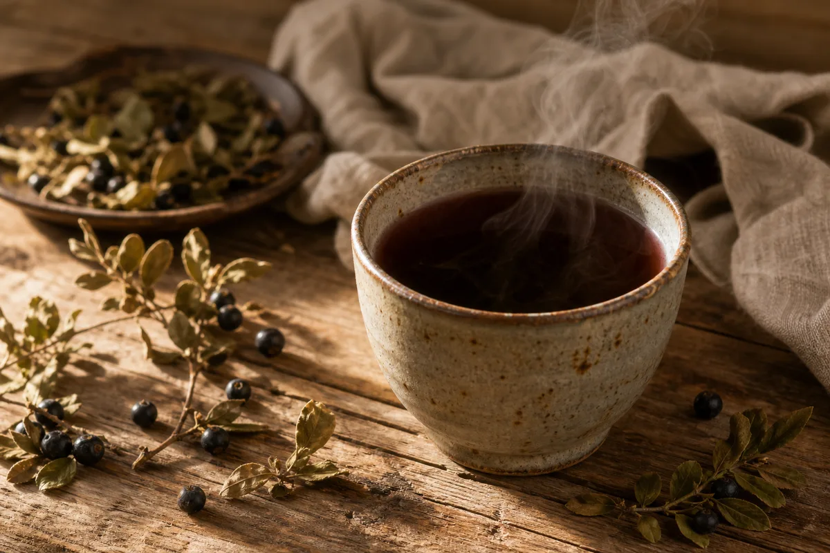 Feuilles de myrtillier séchées et baies sombres disposées près d’une tasse d’infusion fumante