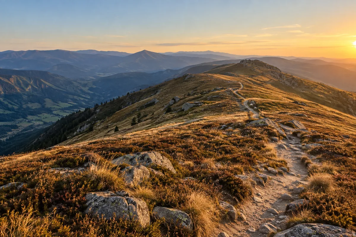 Crête de montagne arrondie couverte de landes et de prairies d&rsquo;altitude en fin d&rsquo;été, sentier et ciel dégagé