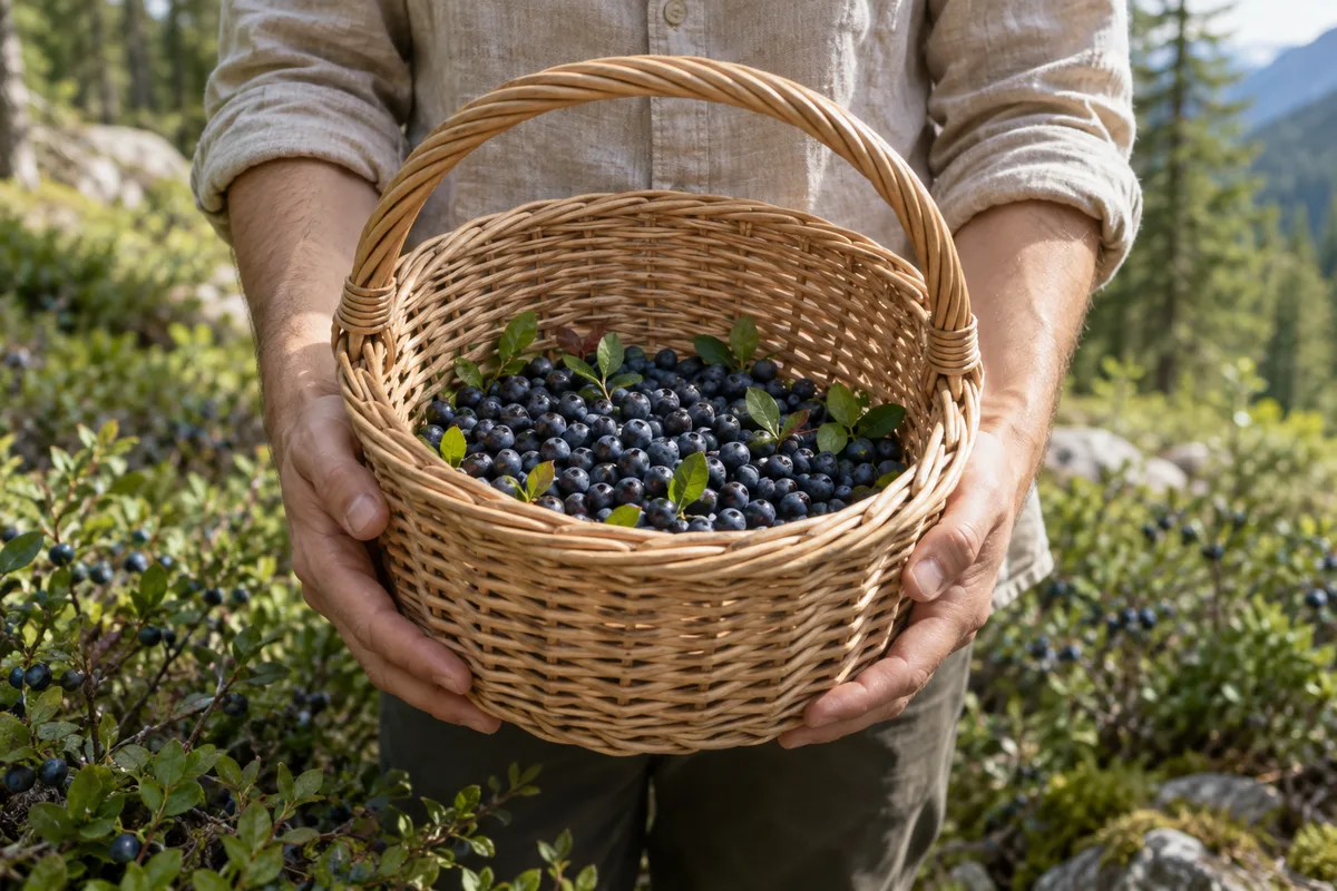 Mains tenant un panier en osier à moitié rempli de myrtilles sauvages, manches de chemise en lin, arbustes derrière